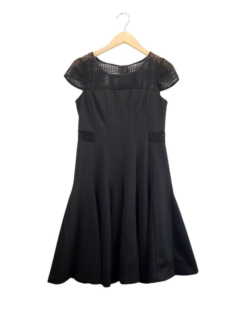 Fit & Flare Black Dress 6 by Betsey Johnson Mesh Top Cap Sleeves Career Cocktail